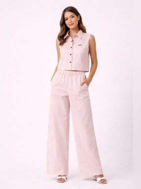 Sleeveless Crop Button-Front Jumpsuit Pants Set - Light Pink